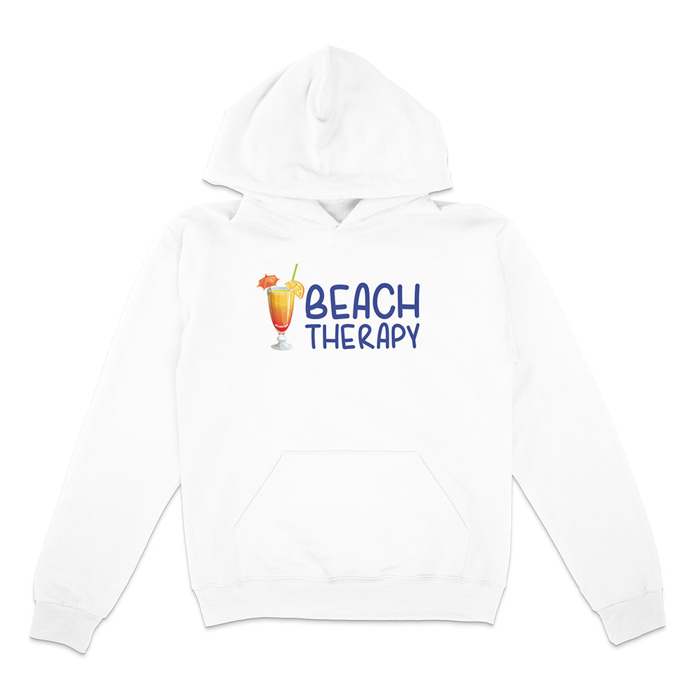 White hoodie with 'Beach Therapy' and cocktail graphic on a white background
