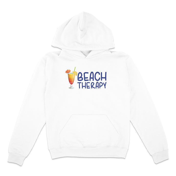 White hoodie with 'Beach Therapy' and cocktail graphic on a white background