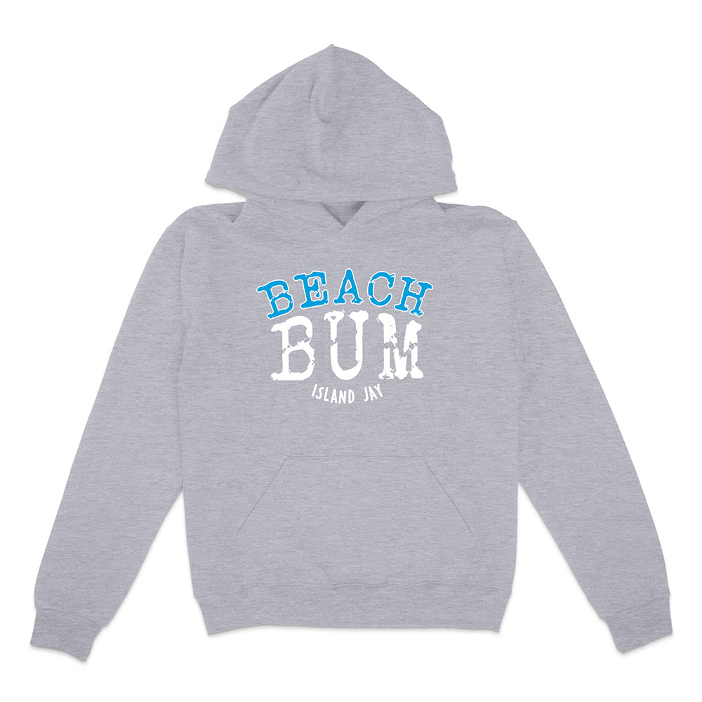 Gray hoodie with 'Beach Bum' text on a white background