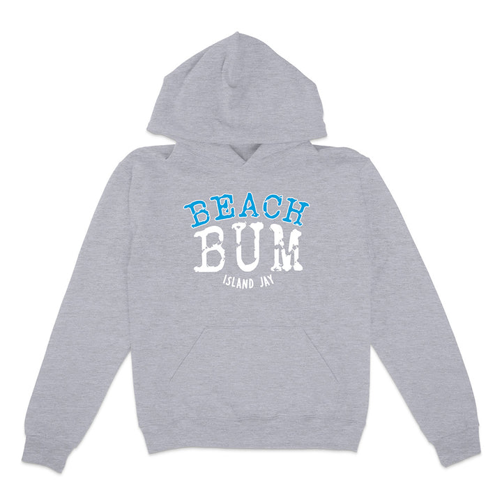 Gray hoodie with 'Beach Bum' text on a white background