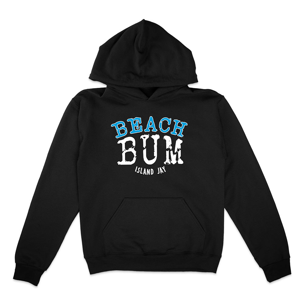 Black hoodie with 'Beach Bum' text on a white background
