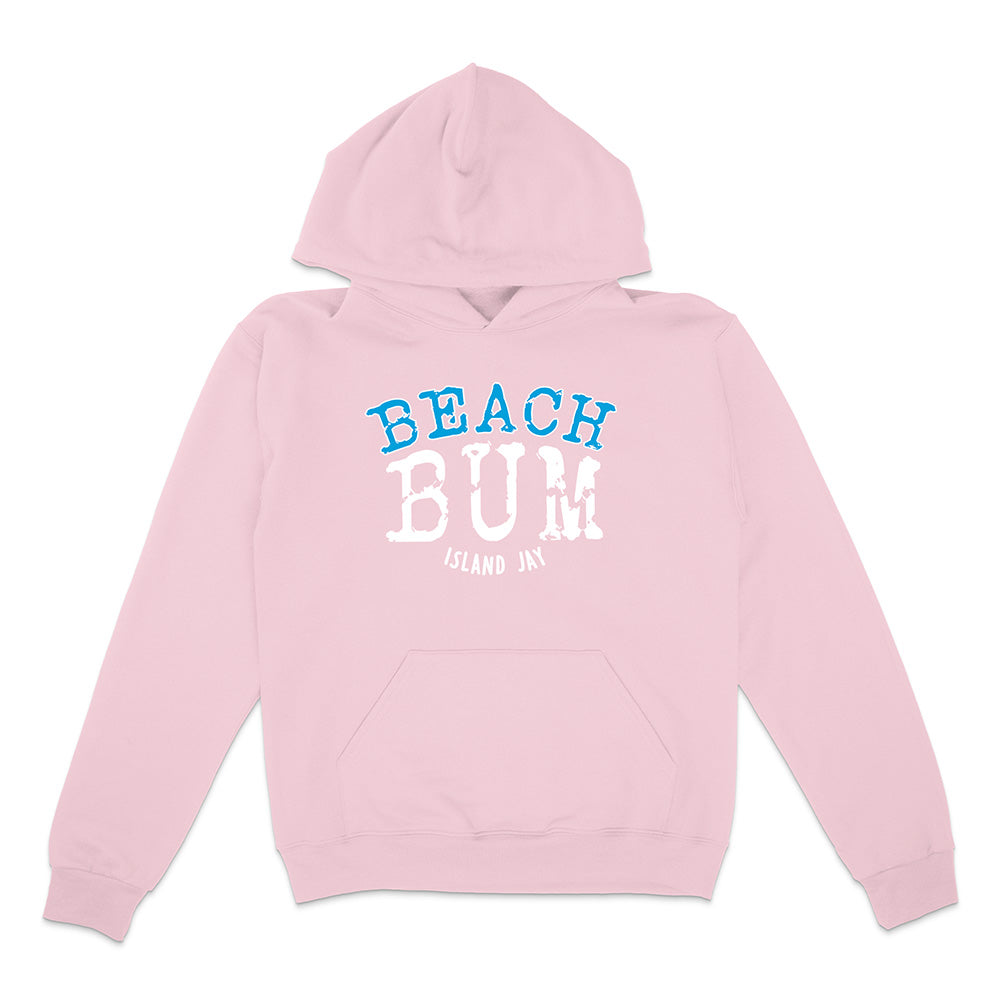 Pink hoodie with 'Beach Bum' text on a white background