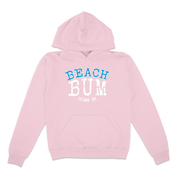 Pink hoodie with 'Beach Bum' text on a white background