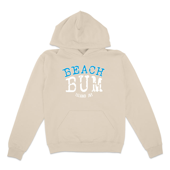 Beige hoodie with 'Beach Bum' text on a white background
