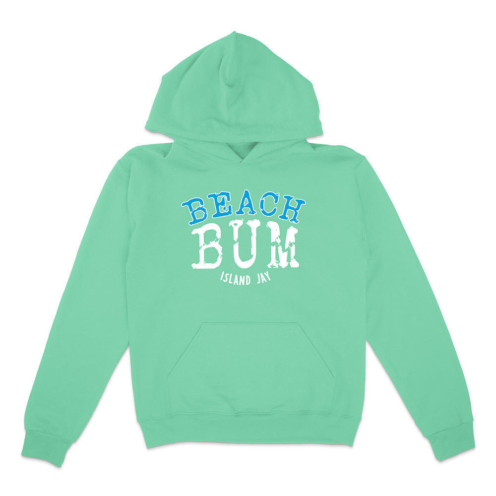 Mint hoodie with 'Beach Bum' text on a white background