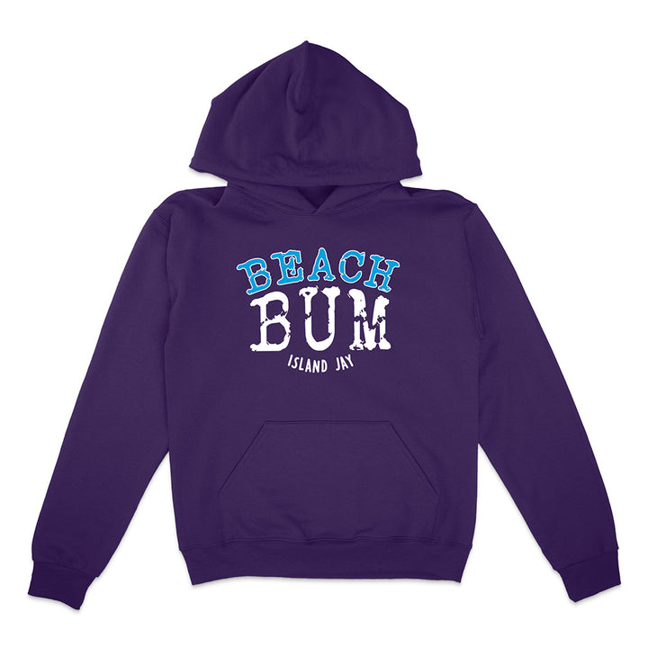 Purple hoodie with 'Beach Bum' text on a white background