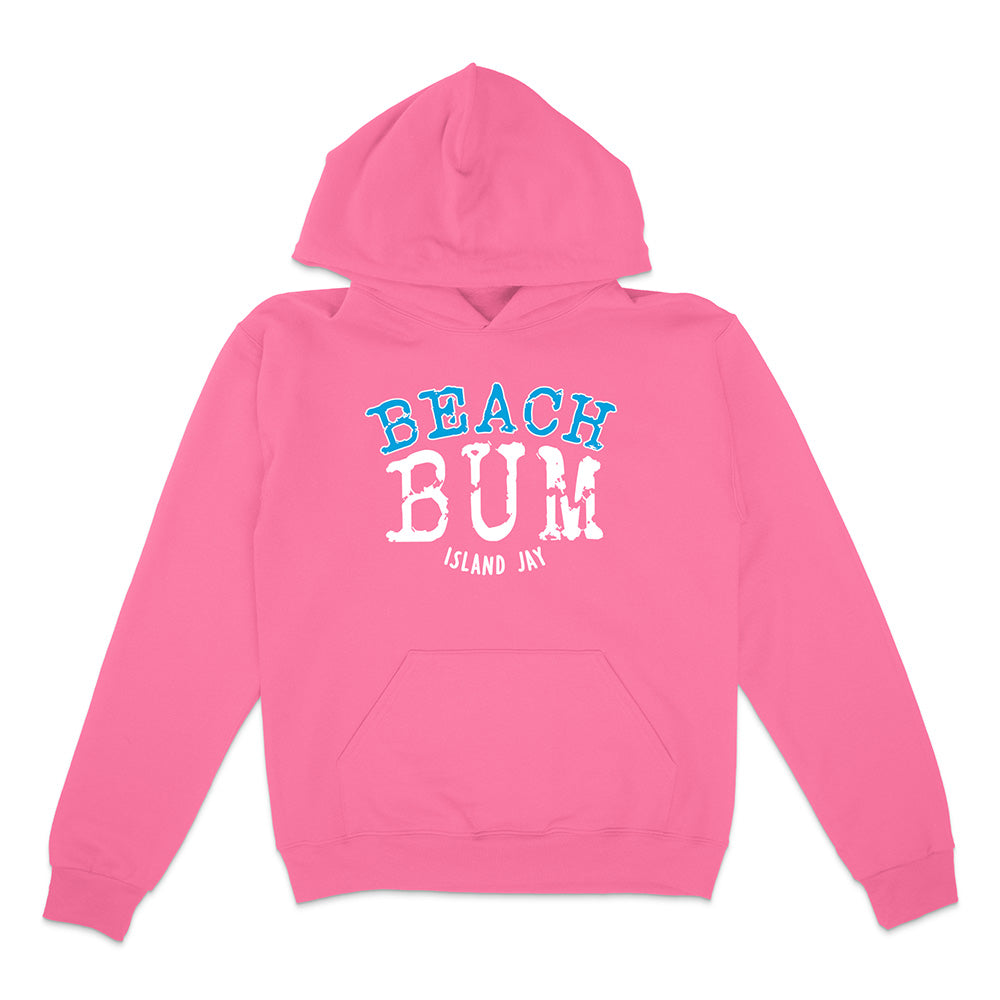 Pink hoodie with 'Beach Bum' text on a white background