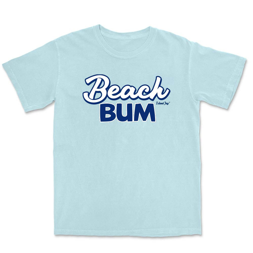 Chambray Light blue T-shirt the the phrase "Beach Bum" on the front