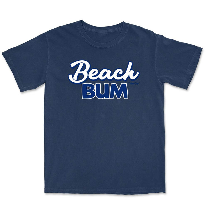 Navy T-shirt the the phrase "Beach Bum" on the front