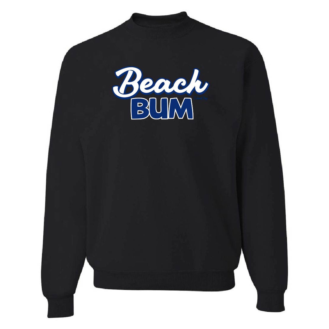 Black sweatshirt with 'Beach Bum' text in white and blue on a white background
