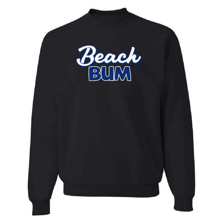 Black sweatshirt with 'Beach Bum' text in white and blue on a white background