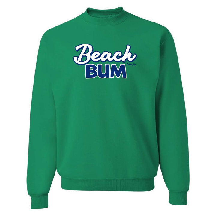 Green sweatshirt with 'Beach Bum' text on a white background