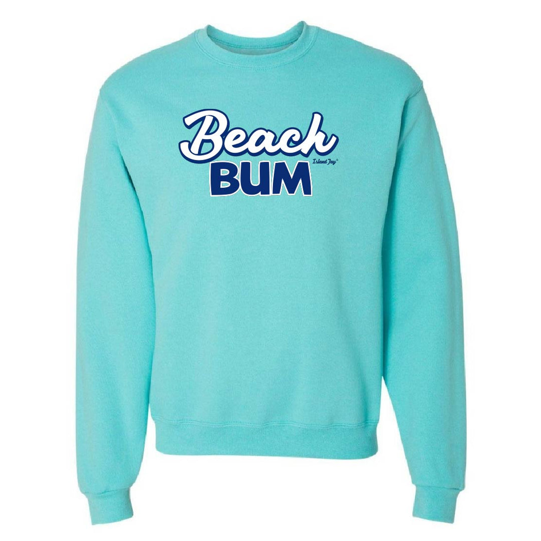 Turquoise sweatshirt with 'Beach Bum' text on a white background