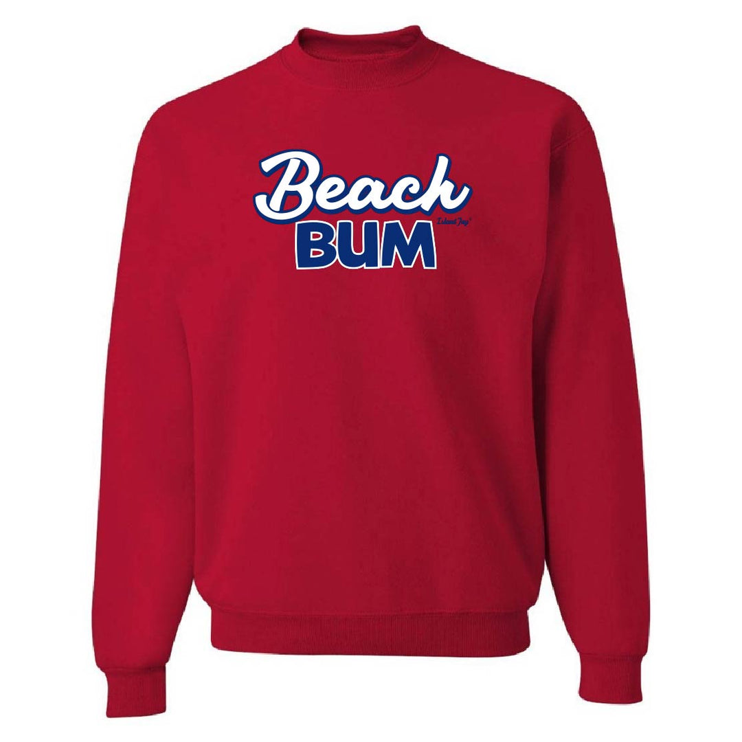 Red sweatshirt with 'Beach Bum' text on a white background