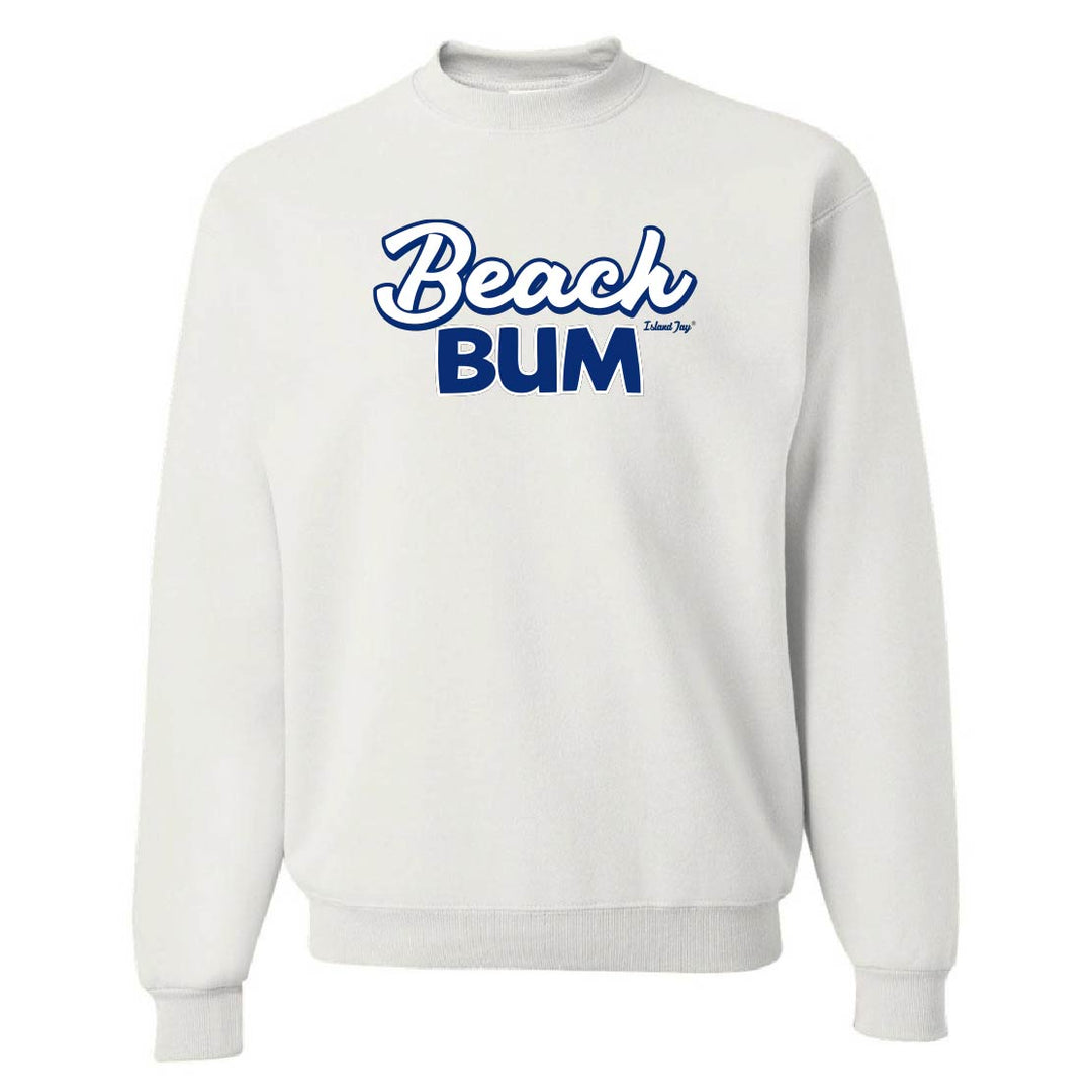 White sweatshirt with 'Beach Bum' text on a white background