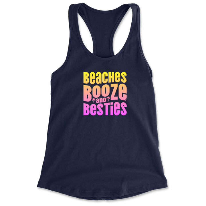 Women's Beaches Booze and Besties faded graphic tank top. Featuring a faded colorful designs that pops. Navy