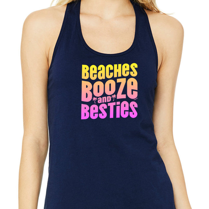 Women's Beaches Booze and Besties faded graphic tank top. Featuring a faded colorful designs that pops. Model Shot