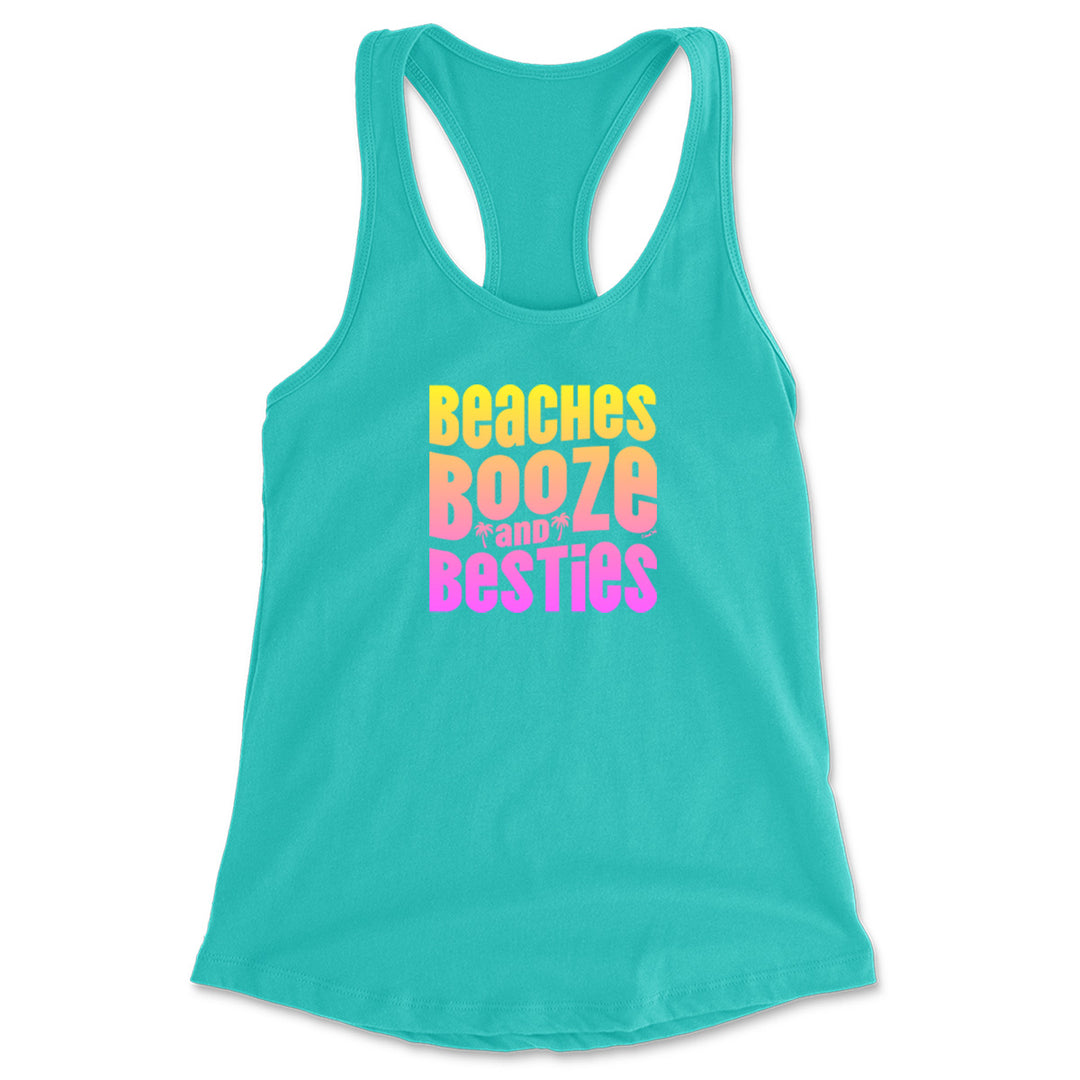 Women's Beaches Booze and Besties faded graphic tank top. Featuring a faded colorful designs that pops. Teal