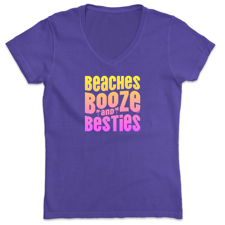 Women's Beaches Booze and Besties faded graphic tee. Featuring a faded colorful designs that pops. Purple