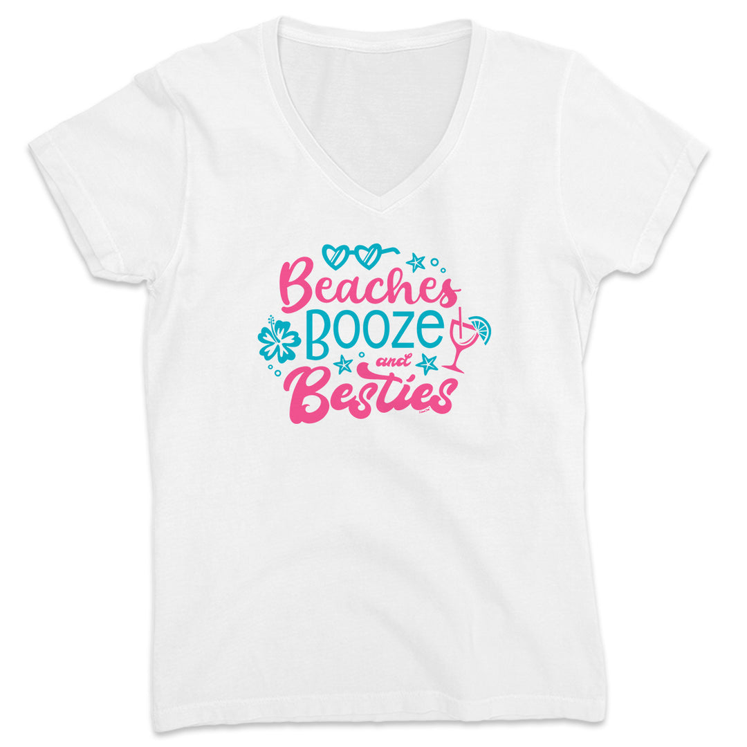 Women's Beaches Booze & Besties Grips Getaway V-Neck T-Shirt Ocean White