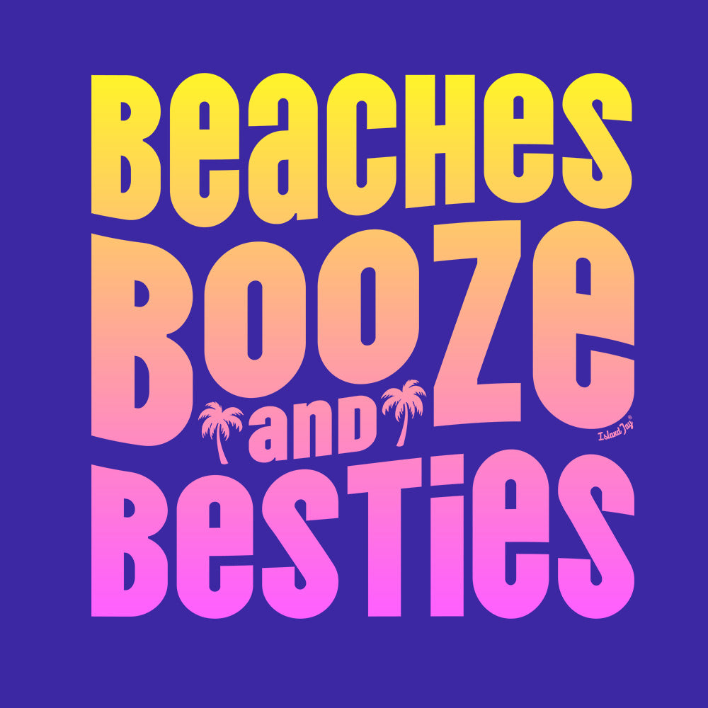 Women's Beaches Booze and Besties faded graphic tee. Featuring a faded colorful designs that pops. Closeup View