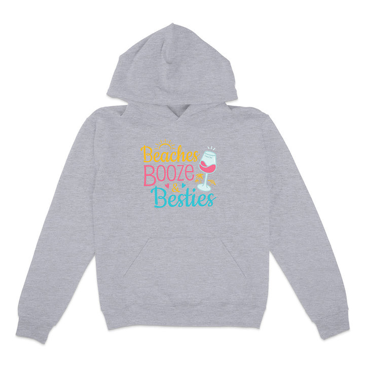 Gray hoodie with 'Beaches Booze & Besties' text and wine glass graphic on a white background