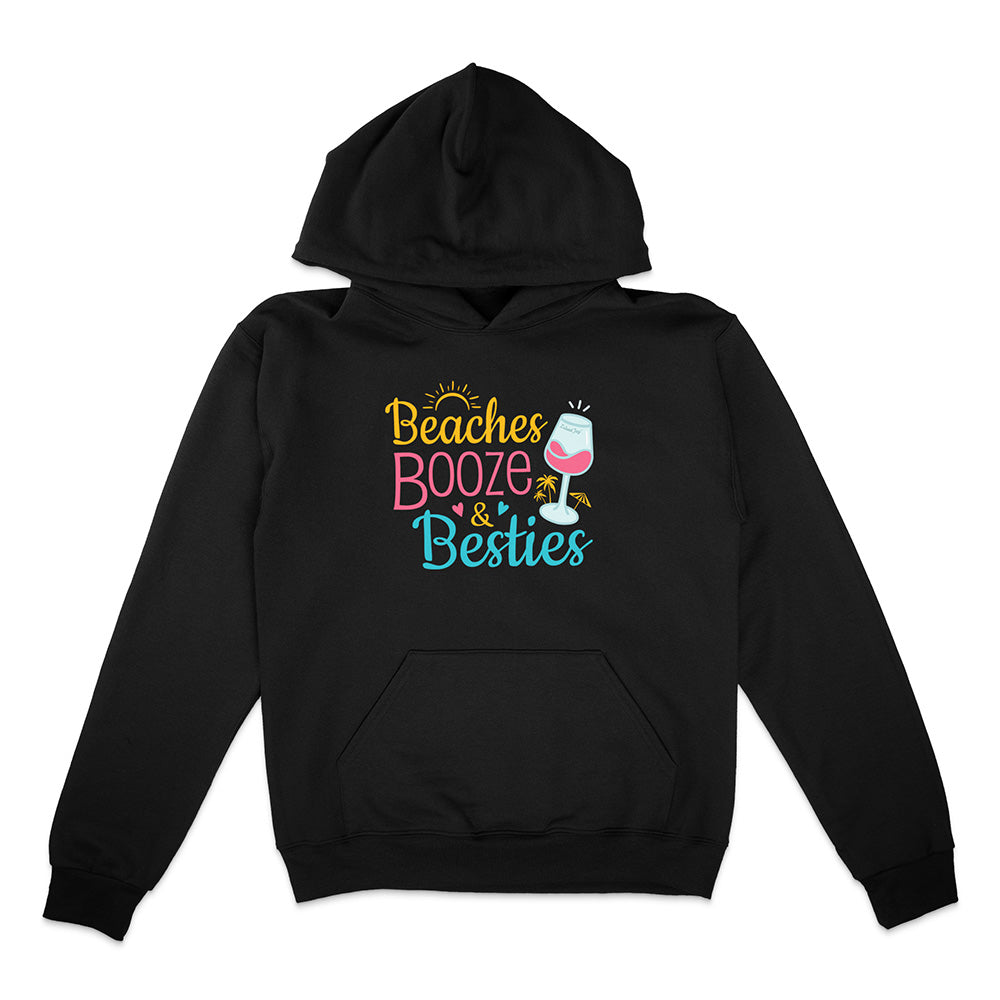 Black hoodie with 'Beaches Booze & Besties' text and wine glass graphic on a white background