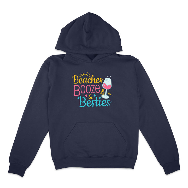 Navy blue hoodie with 'Beaches Booze & Besties' text and wine glass graphic on a white background