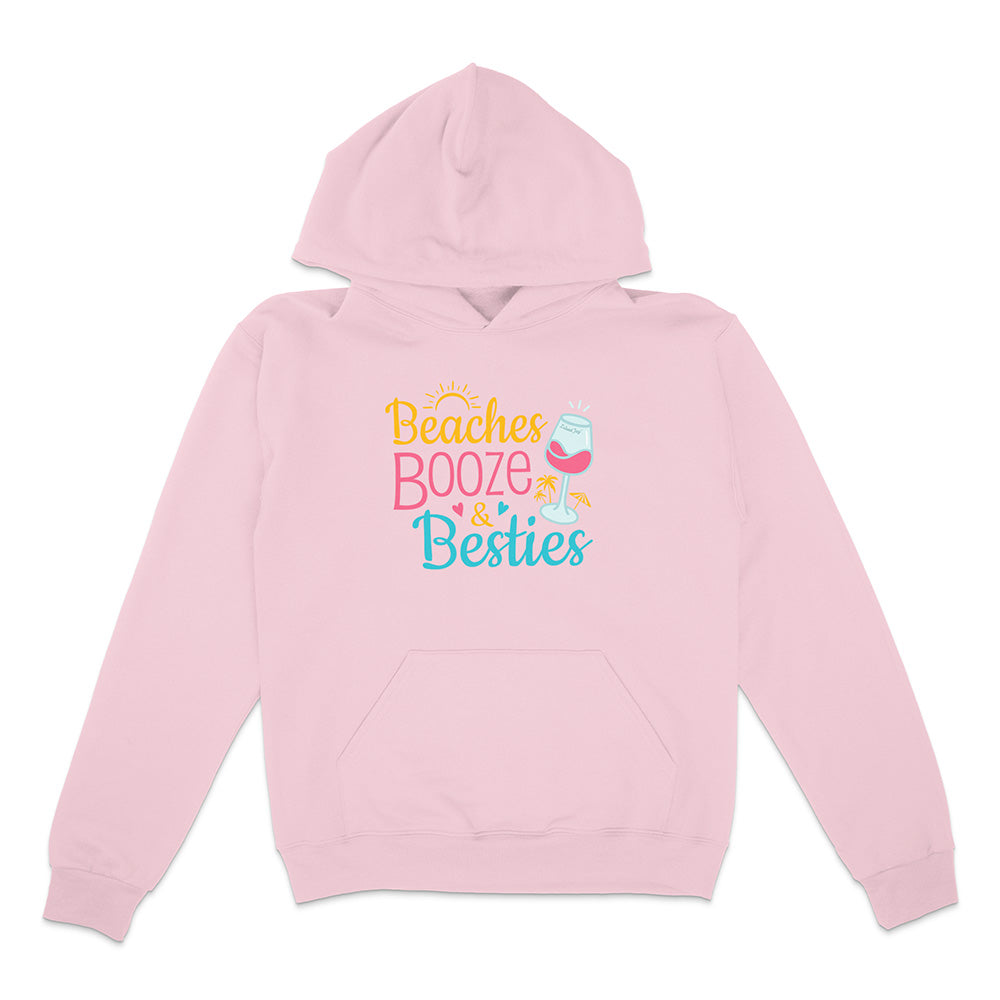 Pink hoodie with 'Beaches Booze & Besties' text and mermaid design on a white background