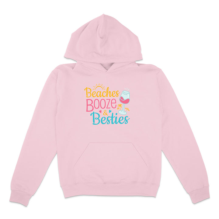 Pink hoodie with 'Beaches Booze & Besties' text and mermaid design on a white background
