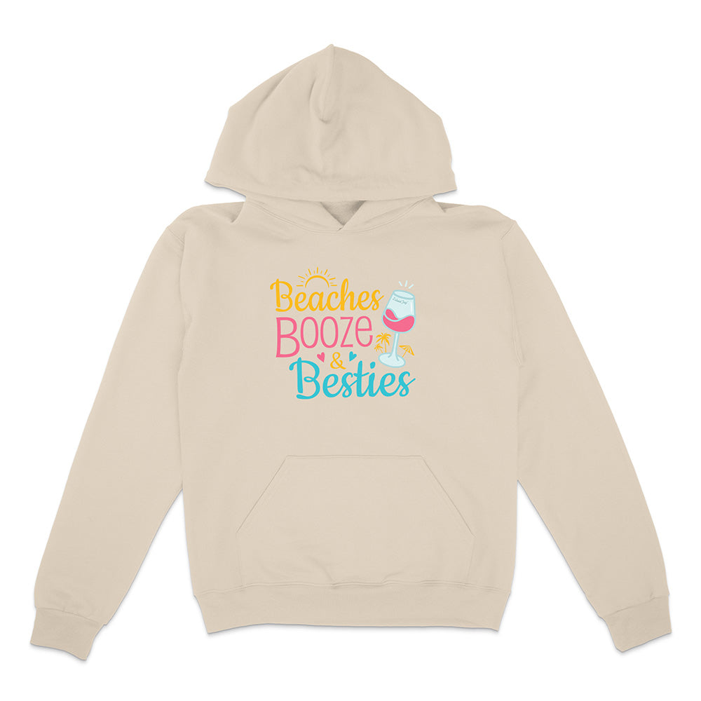 Beige hoodie with 'Beaches Booze & Besties' text and wine glass graphic on a white background