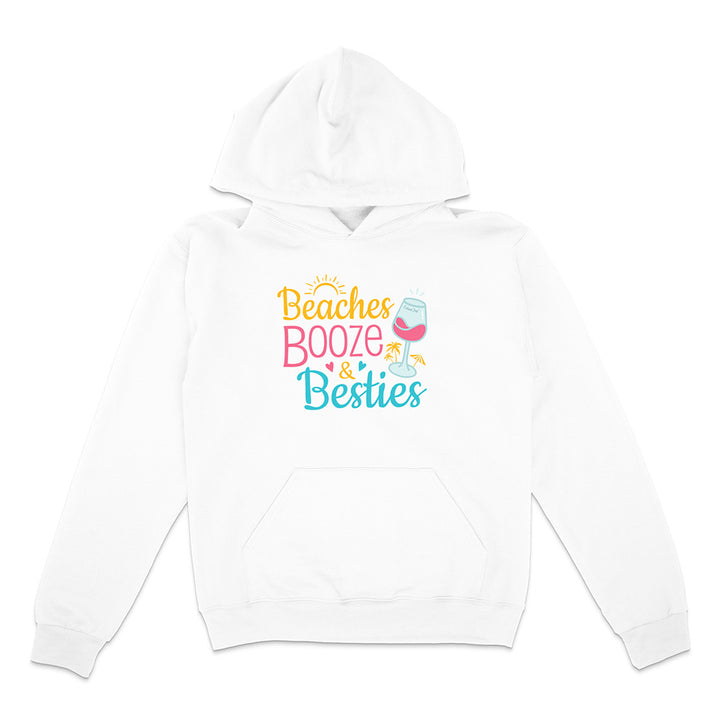 White hoodie with 'Beaches Booze & Besties' text and wine glass graphic on a white background