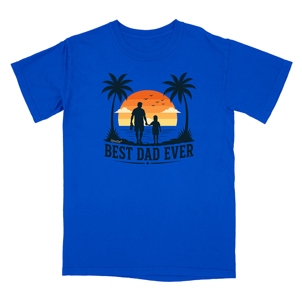 Blue t-shirt with 'Best Dad Ever' graphic on a white background
