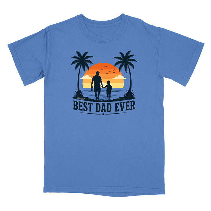 Blue t-shirt with 'Best Dad Ever' graphic on a white background
