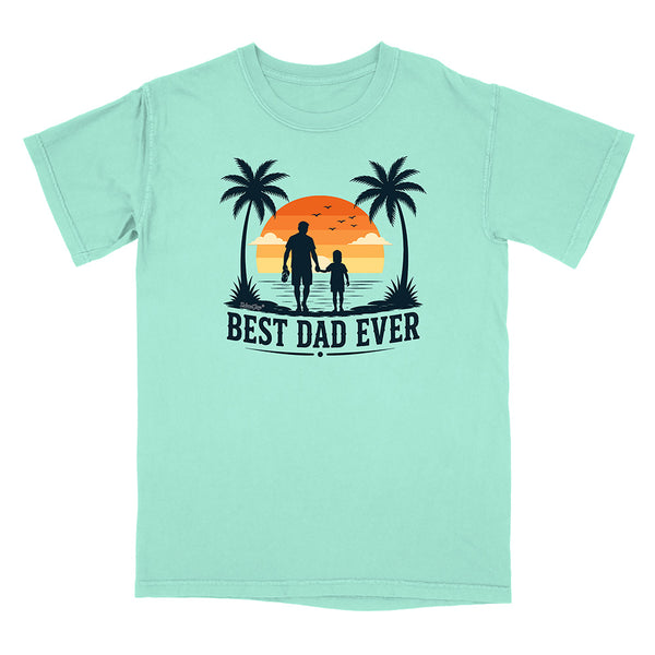 Mint green t-shirt with 'Best Dad Ever' graphic on a white background