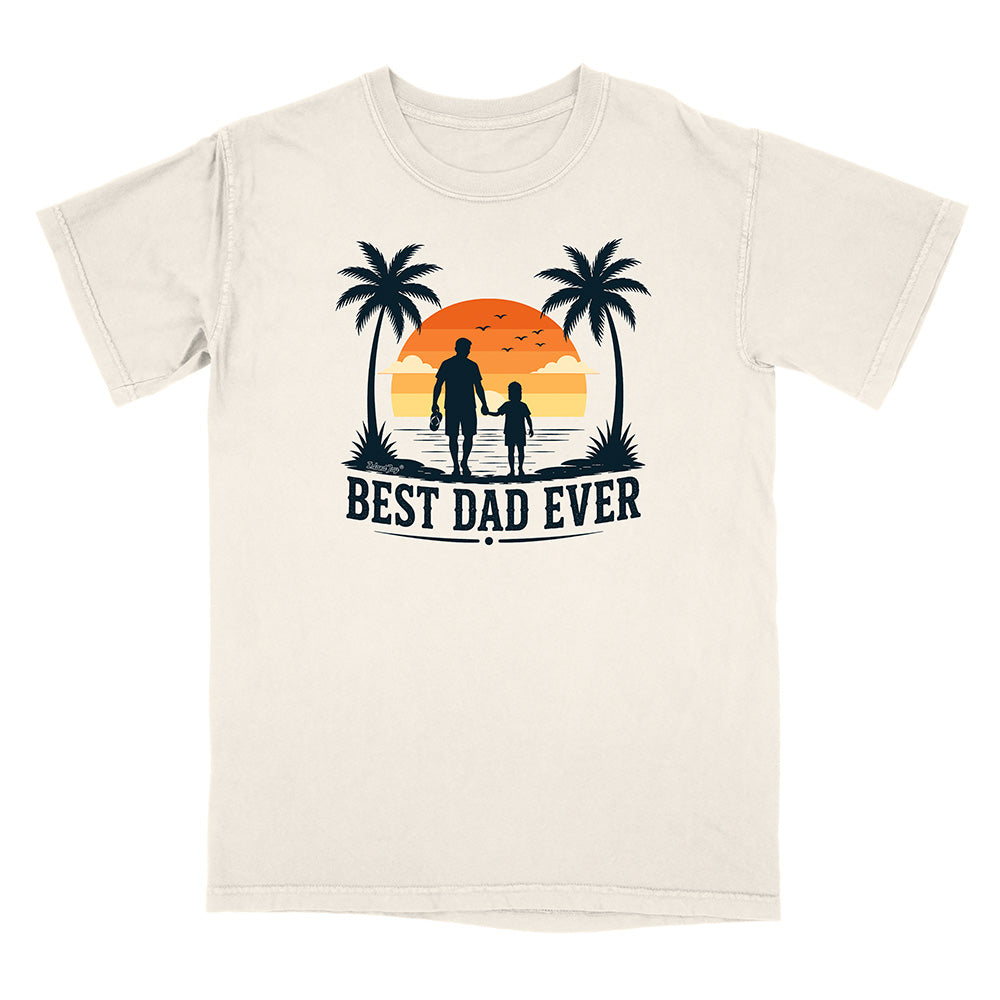 Beige t-shirt with 'Best Dad Ever' graphic design featuring a father and child holding hands with palm trees and sunset.