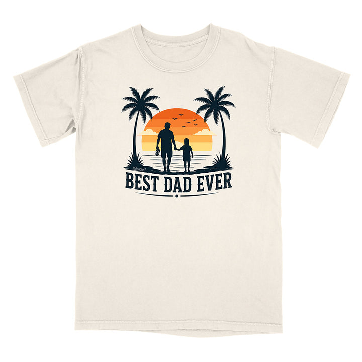 Beige t-shirt with 'Best Dad Ever' graphic design featuring a father and child holding hands with palm trees and sunset.
