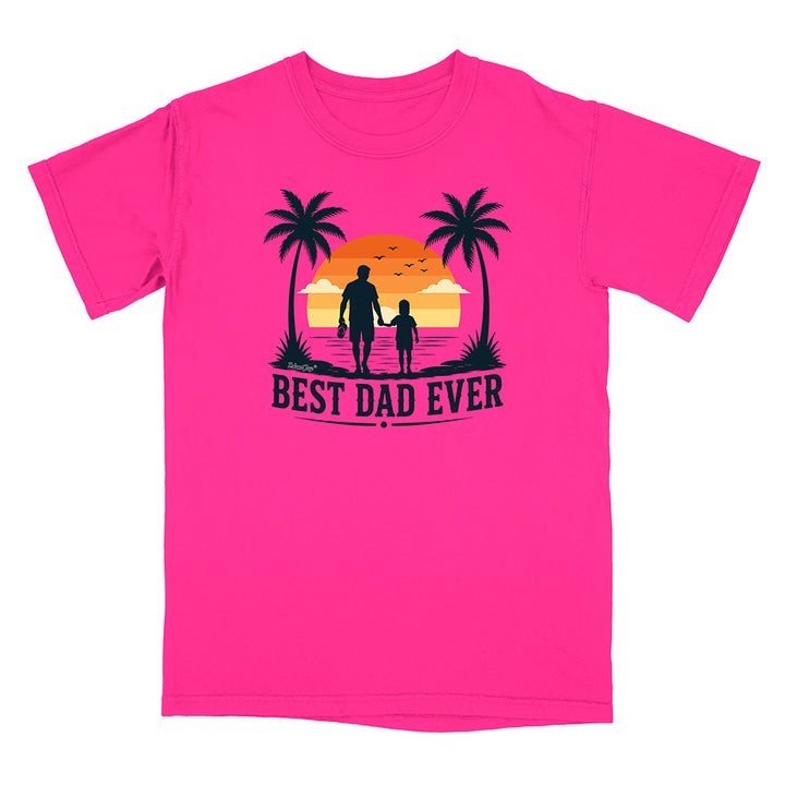 Pink t-shirt with 'Best Dad Ever' graphic on a white background