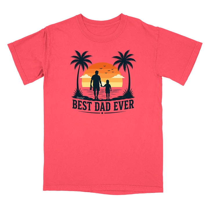 Pink t-shirt with 'Best Dad Ever' graphic on a white background