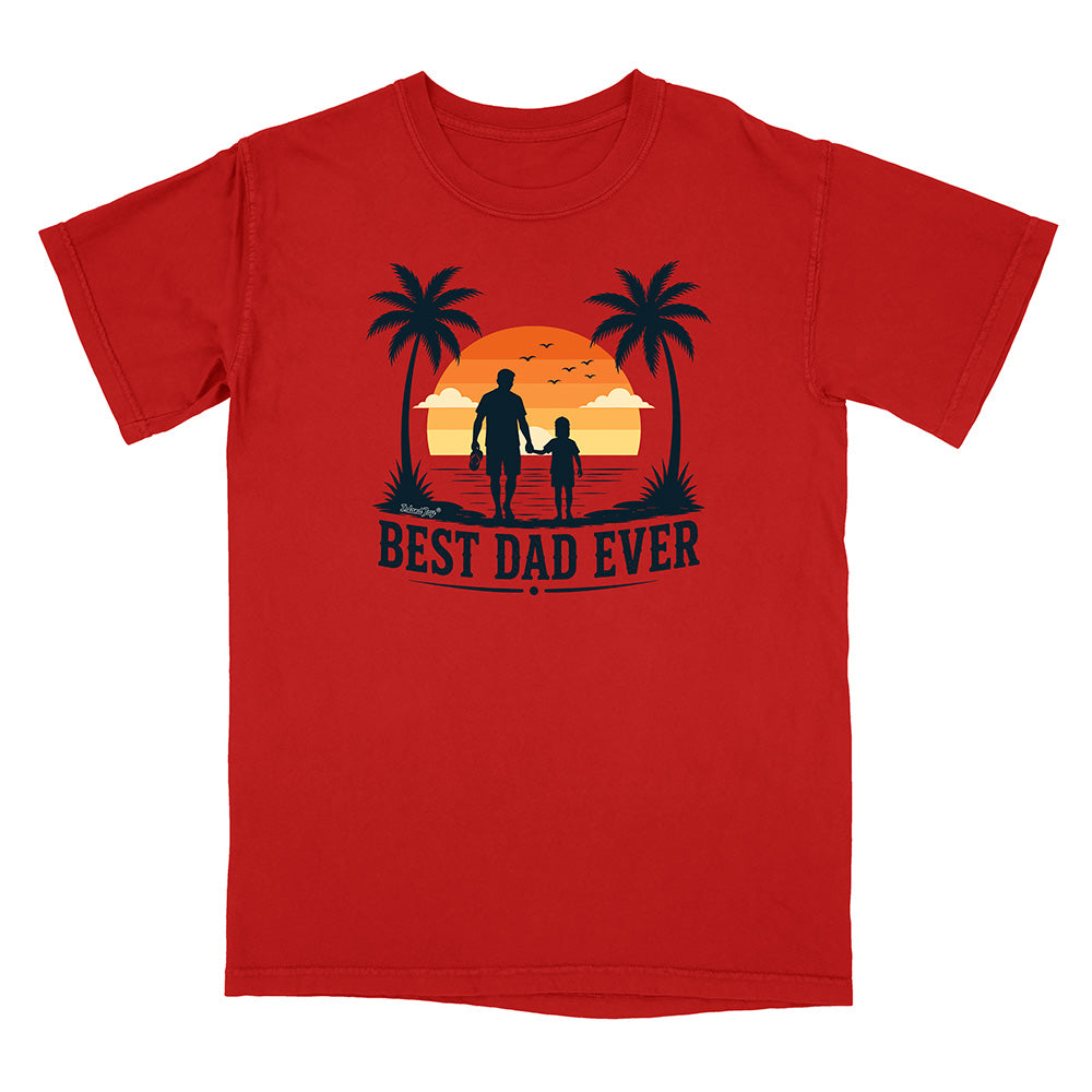 Red t-shirt with 'Best Dad Ever' graphic on a white background