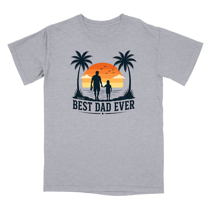 Gray t-shirt with 'Best Dad Ever' graphic featuring a silhouette of a man and child holding hands against a sunset with palm trees.