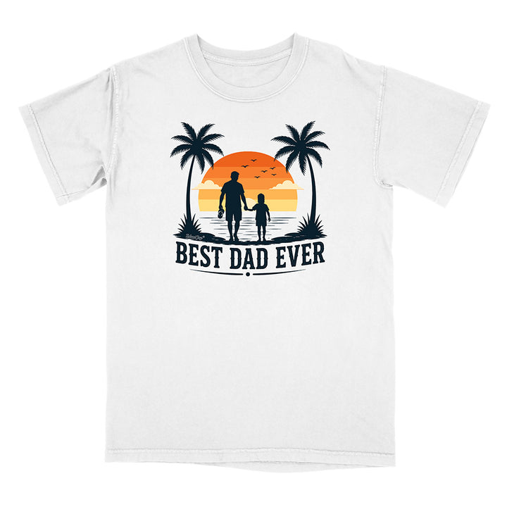White t-shirt with 'Best Dad Ever' graphic design featuring a silhouette of a father and son holding hands with palm trees and a sunset.