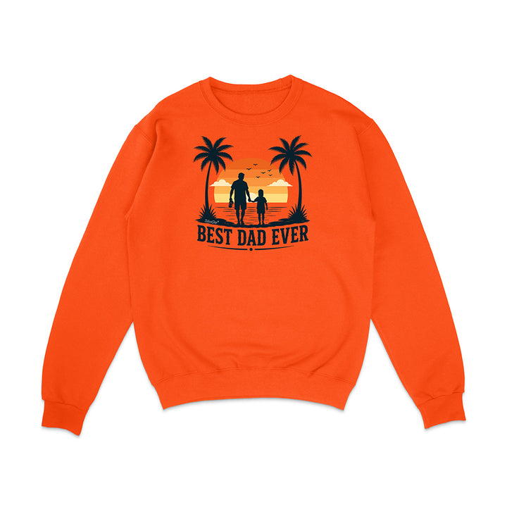 Orange sweatshirt with a graphic of a father and child walking on a beach with palm trees and 'Best Dad Ever' text.