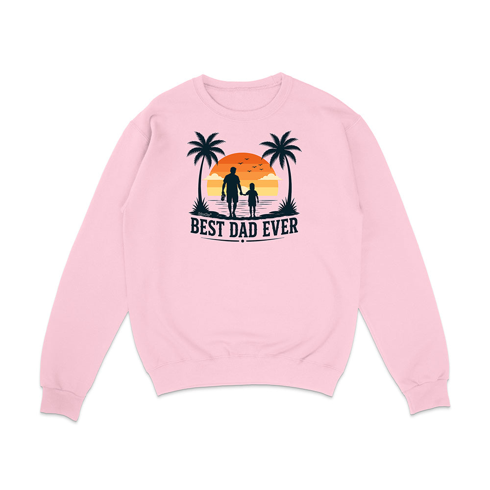Pink sweatshirt with 'Best Dad Ever' graphic on a white background