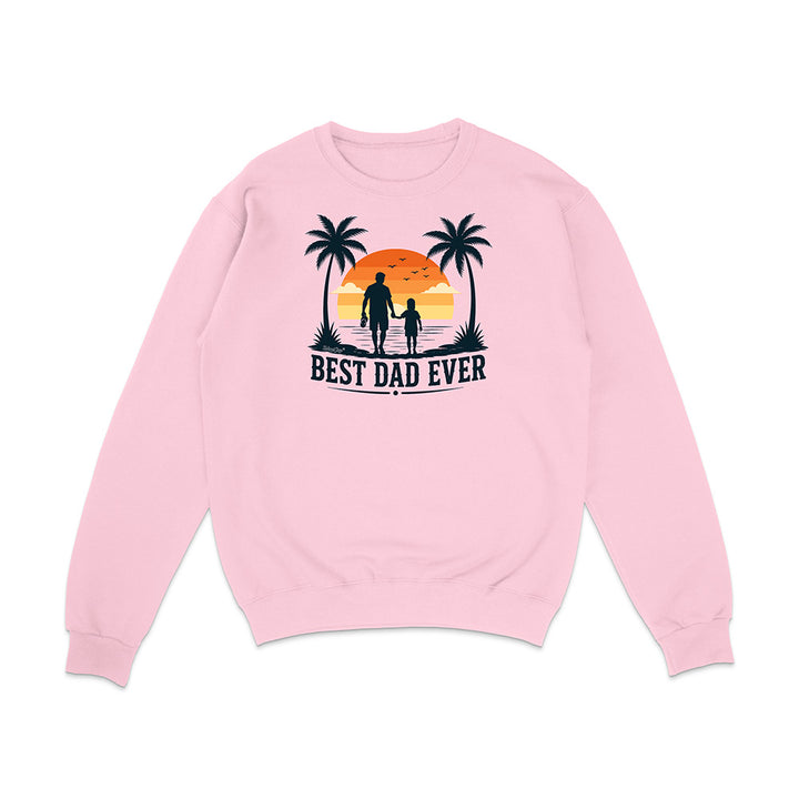Pink sweatshirt with 'Best Dad Ever' graphic on a white background