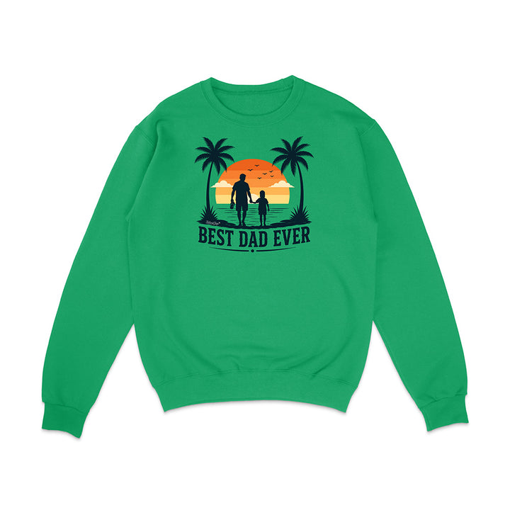 Green sweatshirt with 'Best Dad Ever' graphic on a white background