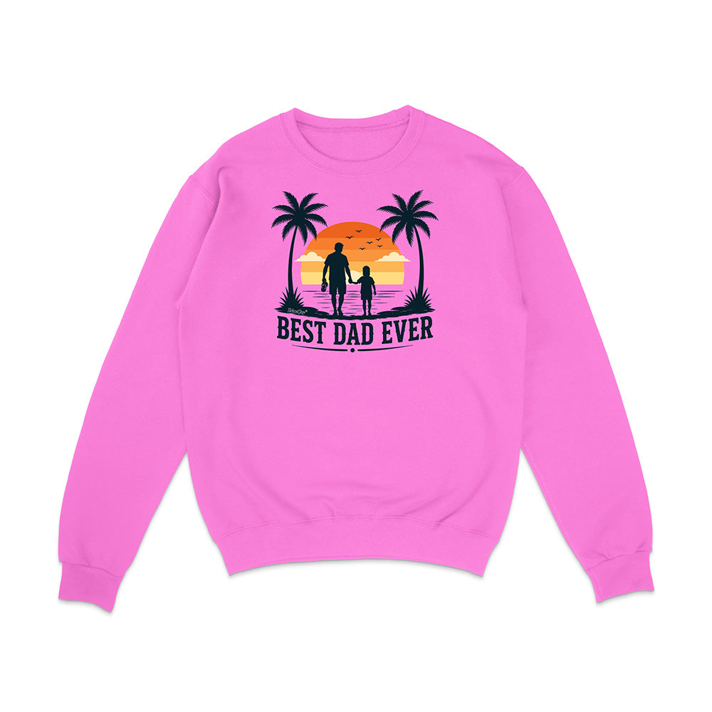 Pink sweatshirt with 'Best Dad Ever' graphic on a white background