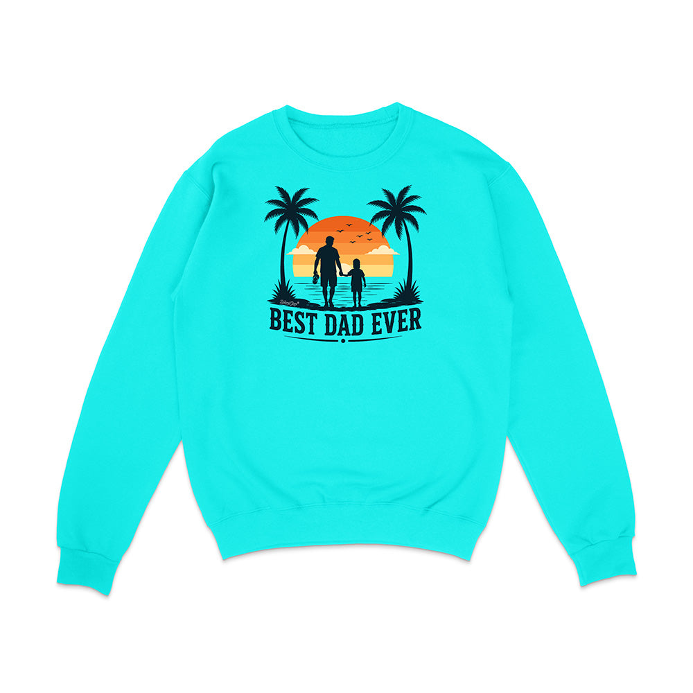 Turquoise sweatshirt with a graphic of a father and child walking on a beach and 'Best Dad Ever' text.