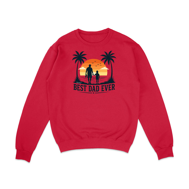 Red sweatshirt with a graphic of a father and child walking towards a house with palm trees and 'Best Dad Ever' text on a white background.