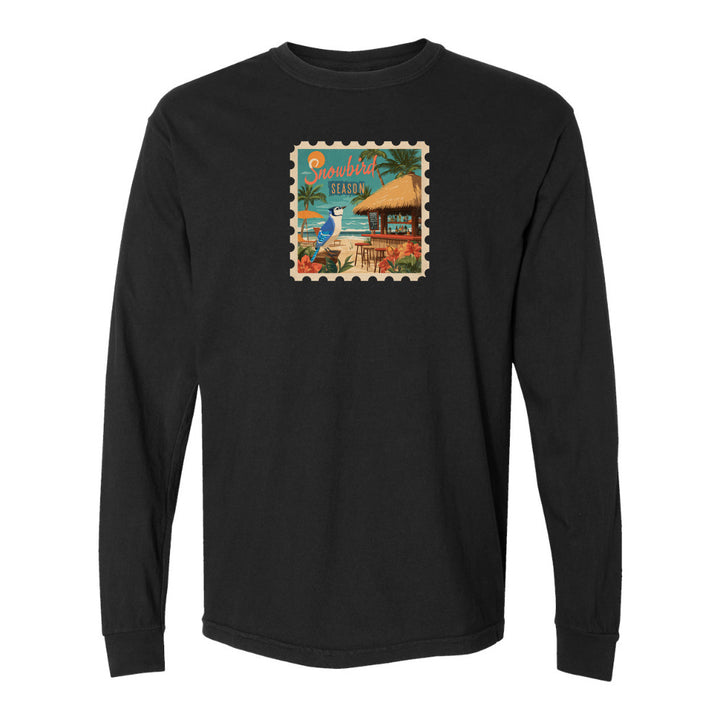 Black long-sleeve shirt with a colorful graphic on a white background